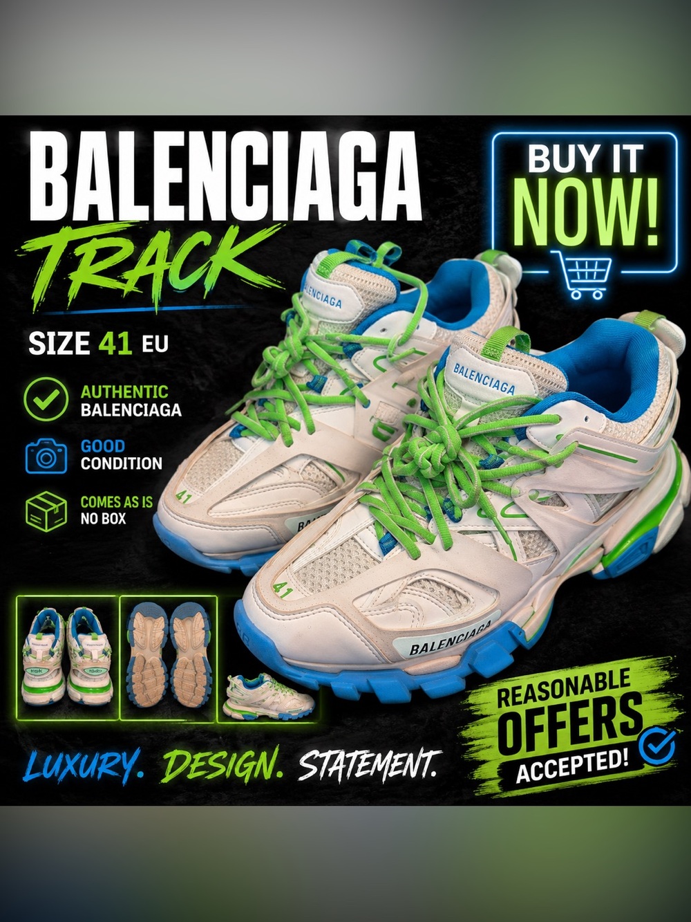 Balenciaga Track Sneakers White Green Blue Size 41 EU Authentic Luxury Shoes